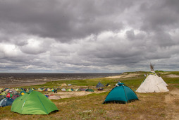 Палатки и чумы на берегу Обской губы