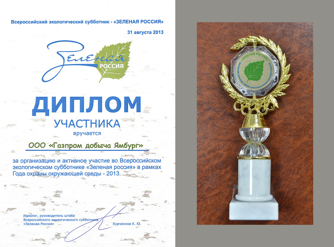 Диплом участника и награда Всероссийского экологического общественного движения «Зеленая Россия»